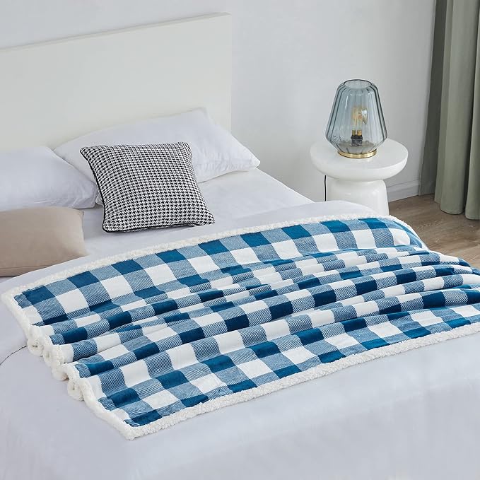 Sherpa Plaid Twin Blanket 60" X 70", Fuzzy Fluffy Soft Cozy Throw Blanket, Twin Size Plush Fleece Flannel Plush Microfiber Blanket for Couch Bed Sofa (Navy)