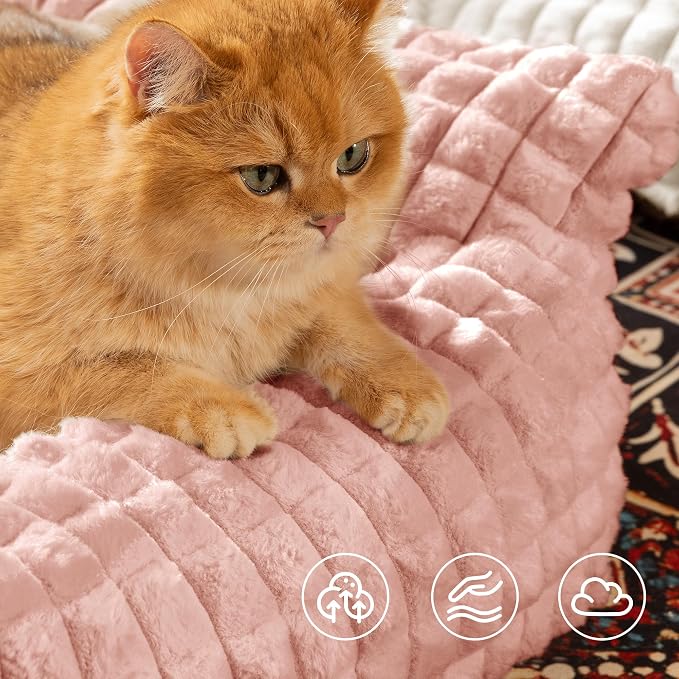 Cat Couch Bed with Fluffy Faux Rabbit Fur for Indoor Cats, 36 Inch | Cute Fuzzy Cat Sofa Recliner With Washable Cover, Suppportive Cozy Pets Couch in 3D Diamond Pattern, Pink