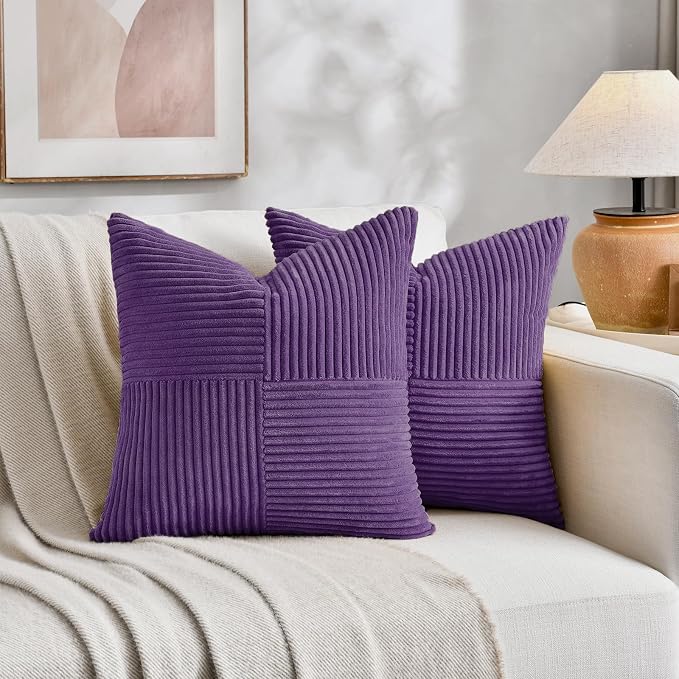 Fancy Homi Purple Decorative Throw Pillow Covers 20x20 Inch for Living Room Couch Bed, Farmhouse Boho Home Decor, Soft Corss Corduroy Patchwork Accent Square Cushion Case 50x50 cm