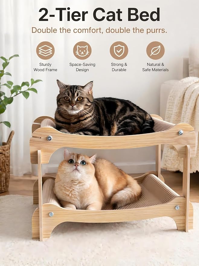 Two Level Sisal Cat Scratcher Bed | Natural Sisal Scratcher, Double Plush Perches, Non-Slip, Tool-Free Assembly for Indoor Apartment Cats Furniture Protection