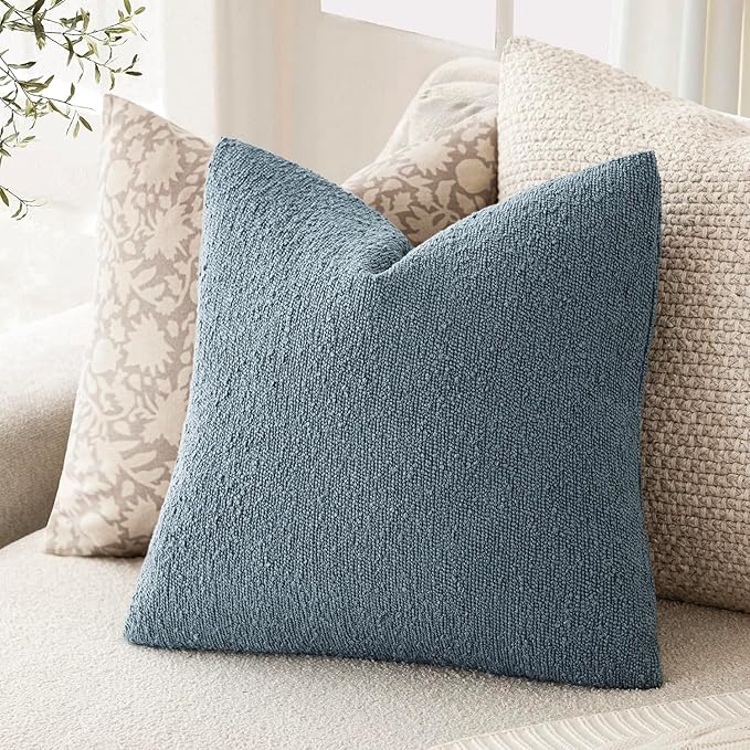 Foindtower Set of 2, Decorative Textured Boucle Throw Pillow Covers Accent Solid Pillow Cases Neutral Cozy Couch Cushion Case for Chair Sofa Bedroom Living Room Home Decor 24x24 Inch Misty Blue