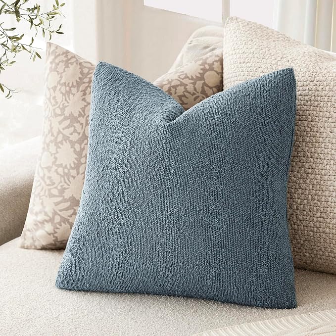 Foindtower Pack of 2, Decorative Textured Boucle Throw Pillow Covers Accent Solid Pillow Cases Cozy Soft Couch Cushion Case for Chair Sofa Bedroom Living Room Home Decor 22x22 Inch Misty Blue