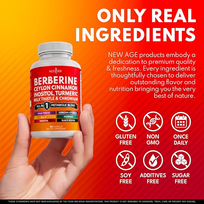 Berberine and Ceylon Cinnamon Supplement - Bitter Melon, Glucomannan, Gymnema Sylvestre, Chromium, Moringa, Milk Thistle, Turmeric, Inositol Pills - 180 Count