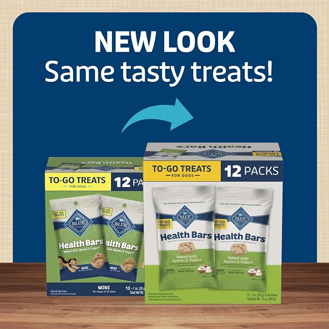Blue Buffalo Health Bars Mini Natural Crunchy Dog Treats to-GO, Mini Biscuits, Apple & Yogurt 1-oz Bags (Pack of 12)