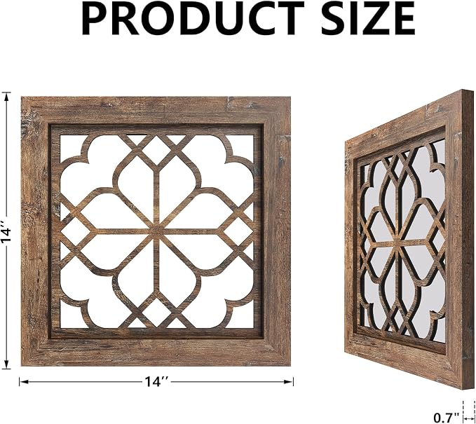 Set of 2 14 Inch Square Redbrown Window Pane Wall Mirrors, Shatterproof Rustic Farmhouse Boho Vintage Accent Mirrors for Living Room Bedroom Bathroom Entryway