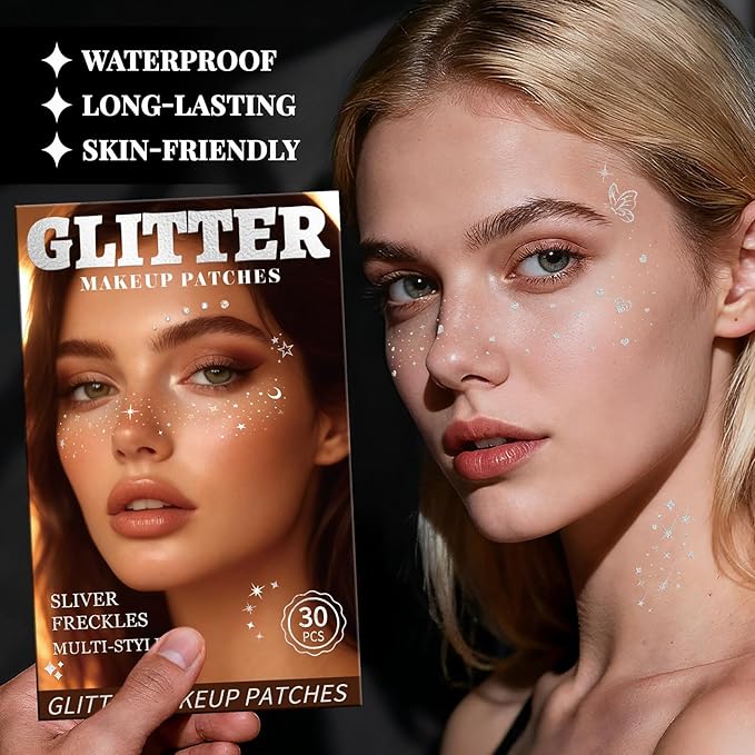 30PCS Glitter Freckles Face Tattoos & Face Gems Set, Multi-Style Silver Glitter Temporary Tattoos Makeup Patches, Fake Freckles Face Glitter for Women’s Rave Outfits & Accessories
