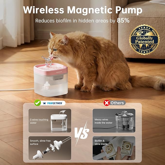 PAWGETHER® Cat Water Fountain with Wireless Pump 51oz/1.5L Dog Water Fountain, Ultra Quiet Automatic Pet Water Fountain Portable Indoor Ourdoor Travel Small Dog Water Dispenser with Adapter Pink