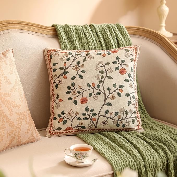 Designer Elegant Linen Throw Pillow Cover,Set of 2,18"x18"-Flora A | French Square Decor Pillow Cover,Concealed Zipper Design,Floral Pattern,Sofa,Bedroom,Living Room,Lounge Chairs