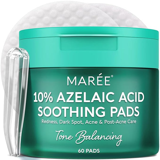 MAREE Azelaic Acid Acne Clearing Pads – Exfoliating Pads with Glycolic & Hyaluronic Acid for Face – 10% Azalecic Acid & Centella Redness Soothing Pad – Zero Pore Facial Toner Pad – Acido Azelaico