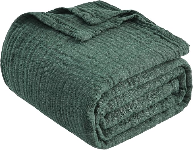 EMME Muslin Blankets for Adults Forest Green Small Blanket 40" x 50" | Throw Blanket for Couch Breathable Gauze Soft Lightweight Airy Light