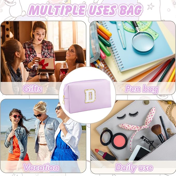 URSKYTOUS Gifts for Girls Initial Makeup Bag Personalized Cosmetic Bag with Zipper Cute Travel Toiletry Bag Waterproof PU Preppy Makeup Pouch Birthday Gift for Teen Girls Women(Purple D)