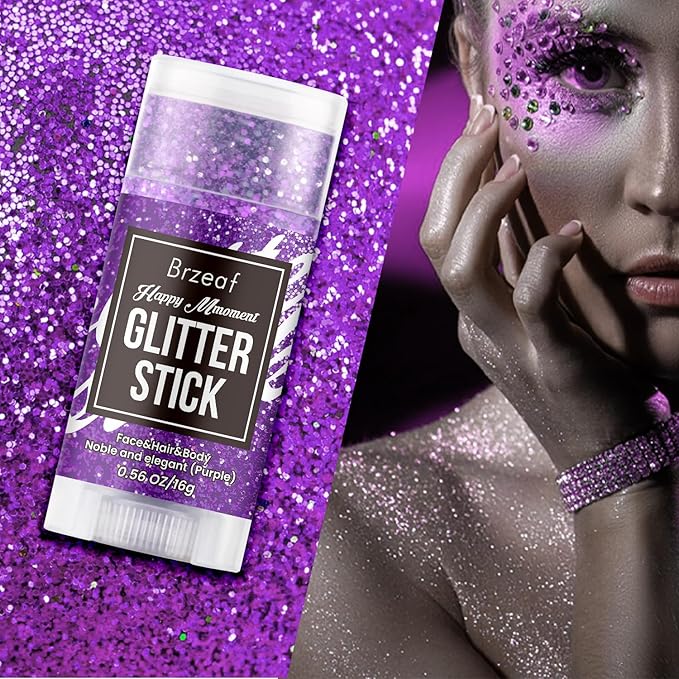 Brzeaf Waterproof Purple Glitter Stick, Not Greasy & Shimmery & Long Lasting, Chunky Glitter for Face/Body/Hair/Eyes, Singer Concert Music Christmas Rave Festival, Glitter Stick Makeup for Women Men