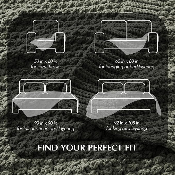 EVERGRACEHOME Chunky Chenille Knit Throw Blanket, 90x90, Dried Thyme Green | Sculpted Moss Stitch, Chic Modern Farmhouse, All-Season Warmth, OEKO-TEX® Certified, Oversized Queen for Couch, Bed, Sofa
