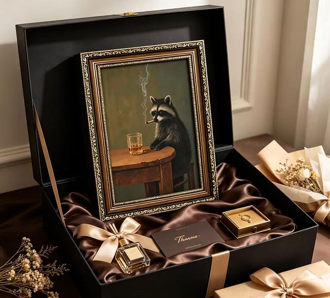 Vintage Gold Framed Smoking Raccoon Wall Art, Moody Dark Funny Animal Whiskey Cigar Canvas Print, Humor Funny Raccoon Wall Decor, Retro Bar Cart Poster Artwork, for Study Office Bar Decor, 9x11in