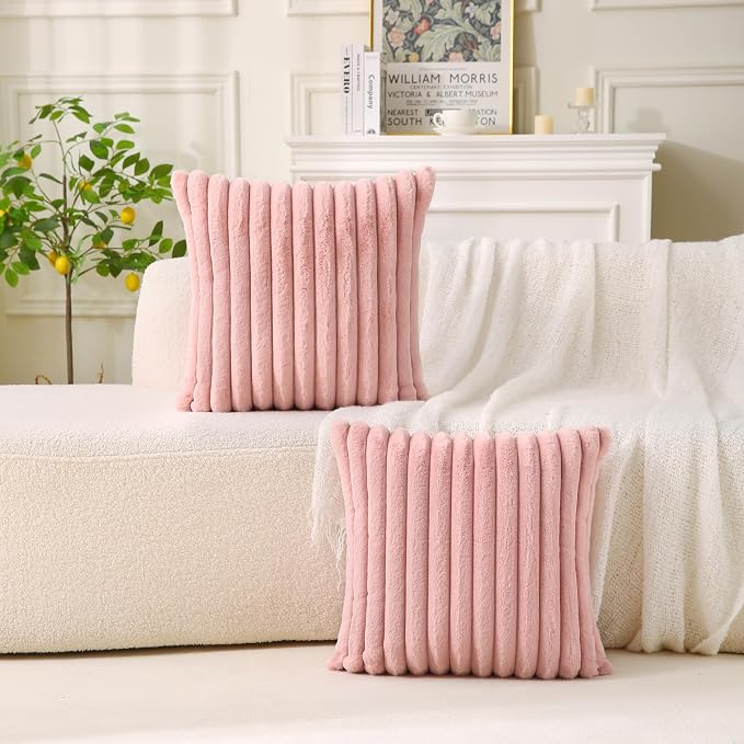 Decorative Throw Pillow with Inserts, Set of 2 Soft Faux Fur Throw Pillows, Square Boho Striped Pillow for Couch, Bed, Sofa Decor (Pink, 16" x 16"(Pack of 2))