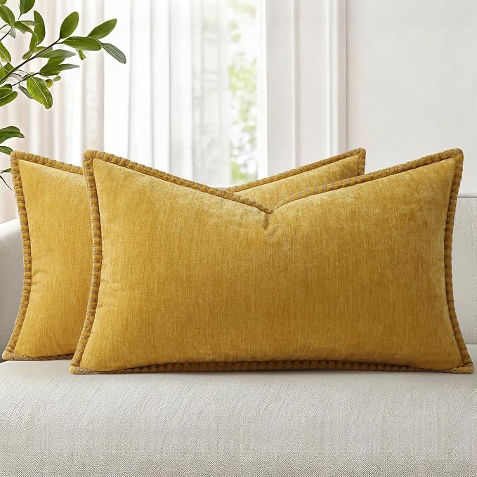 decorUhome Soft Chenille Throw Pillow Covers 12x20 Set of 2 Mineral Yellow | Fall Textured Decorative Throw Pillow Cases Stitched Edge Modern Farmhouse Luxury Boho Velvet for Couch Sofa Bed Home Decor