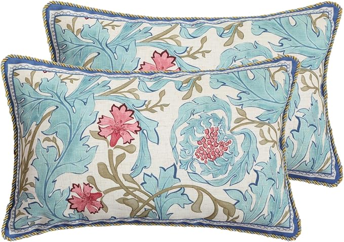 patdrea Designer Vintage Linen Throw Pillow Cover,12"x20",Set of 2-Fromm A | Luxury Decorative Pillow Case with Zipper,Blue Floral Pattern,Pillow Cover for Couch Living Room Bedroom Sofa