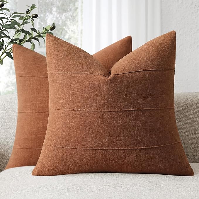 Decorative Linen Throw Pillow Covers 22x22 Set of 2 Solid Handcrafted Striped Throw Pillows for Bed Soft Modern Farmhouse Neutral Pillowcase for Couch Bedroom Living Room Home Decor(Rust)
