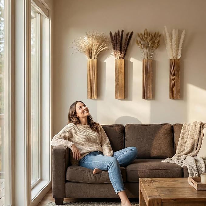 Sawoake 4-Piece Wooden Hanging Wall Vase Set with Pampas Grass and Eucalyptus Dried Flowers, Modern Farmhouse Home Decor for Living Room Entryway Bathroom Hallway Dining Room（Brown）