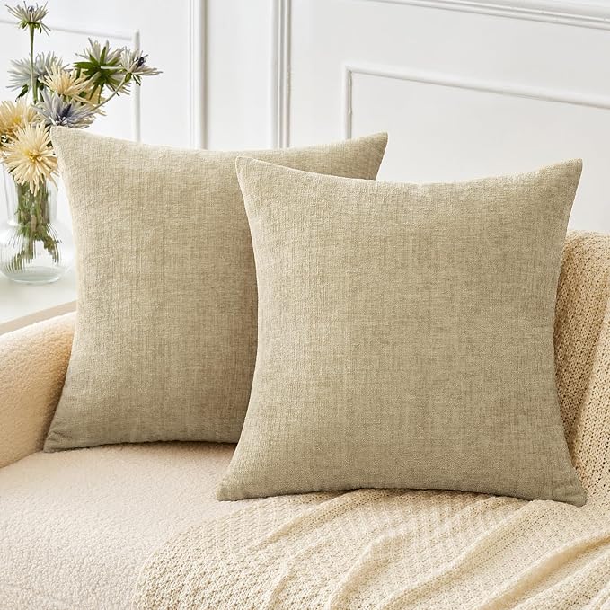 MIULEE Soft Chenille Throw Pillow Covers Beige 18x18 Inch Pack of 2 | Modern Home Decor, Classic Decorative Pillows, Solid Dyed Cases, Boho Couch Cushion Covers for Sofa Bed Living Room