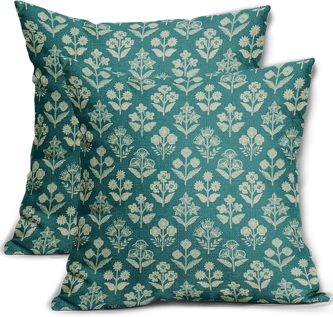 Teal Floral Block Print Pillow Covers 16x16 Inch Set of 2, Vintage Flower Pattern Decorative Throw Pillowcases Outdoor Farmhouse Cushion Covers Spring Summer Rustic Sofa Couch Bed Decor
