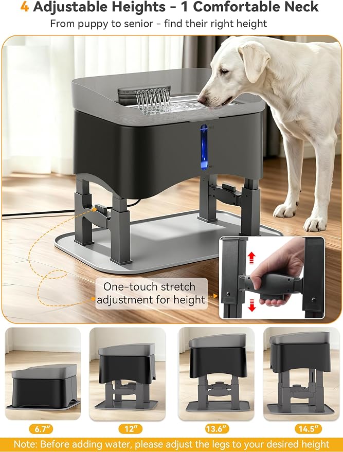 11L Elevated Dog Water Fountain No-Spill with 4 Heights Adjustable | Large Capacity, No-Splash, Anti-Slip Mat, 304 Stainless Steel Tray, 5-layer Filtration, for Senior/Large Dog & Multi-Pet Home