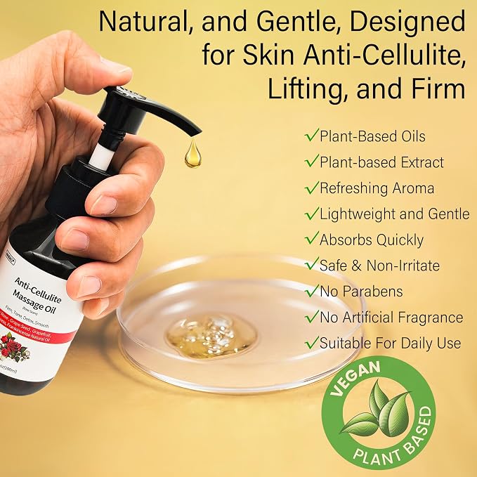 3.4 fl oz Anti-Cellulite Massage Oil with 7 Pure Natural Essential Oils for Body Massage Therapy, SPA, Tightening Skin and Reducing Stretch Marks(Rose Scent)