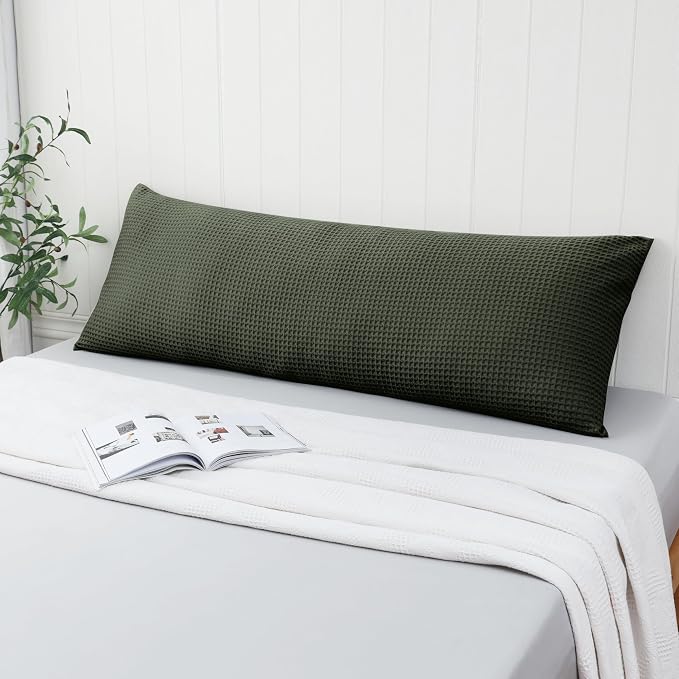 100% Egyptian Cotton 600 TC Waffle Weave Body Pillowcase with Zipper | 1 Pack Ultra Soft Breathable Pillow Cover, Skin-Friendly Bed Pillow Sham, Body Pillow Case Cover, Olive, 20" x 54"