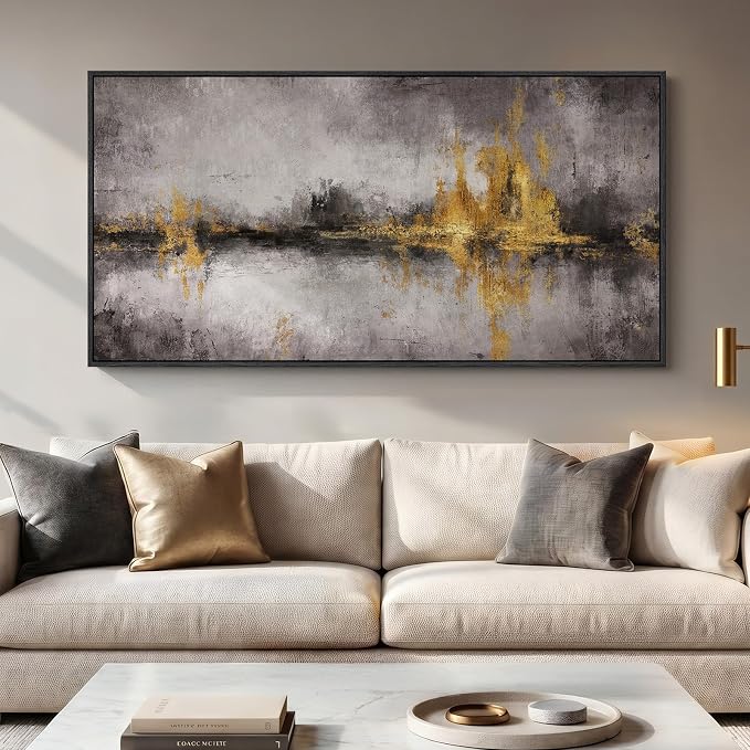 Large Framed Black Grey and Gold Abstract Wall Art for Living Room, 60x30 | Oversized modern picture, Horizontal canvas prints, Wood frame, Neutral paintings artwork, Wall Decor for Bedroom Dining Room