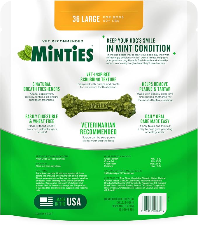 Minties Dental Chews for Dogs, 36 Count, Vet-Recommended Mint-Flavored Dog Treats for Large Breeds Over 50 lbs, Dental Bones Clean Teeth, Fight Bad Breath, Removes Plaque and Tartar | Vet-recommended mint dental bone; scrubs teeth as dogs chew; fights ...