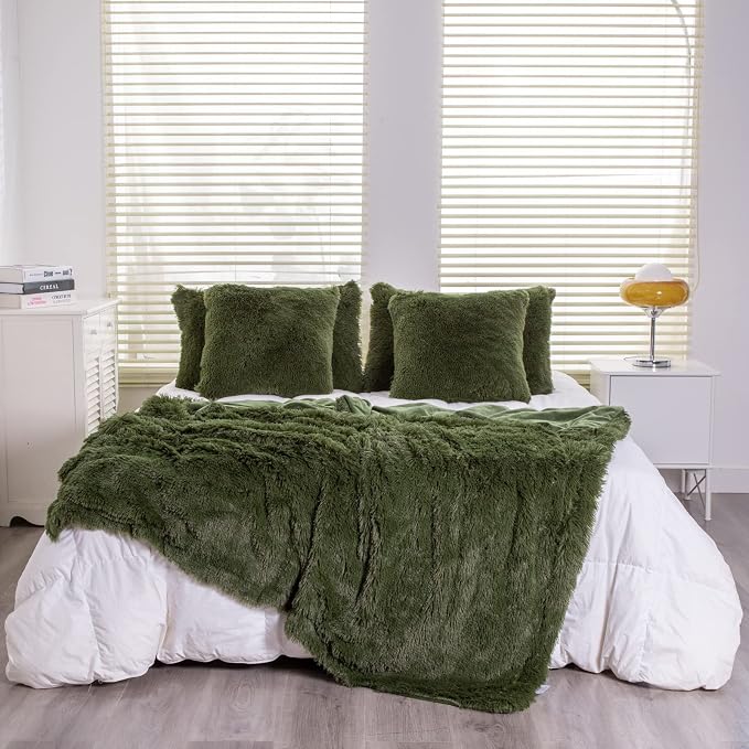 YUSOKI Long Faux Fur Throw Blanket, Olive Green,50" x 60" | Ultra Soft, Lightweight for All Season Use, stays fluffy after repeated washes, Perfect Gifts, Machine Washable
