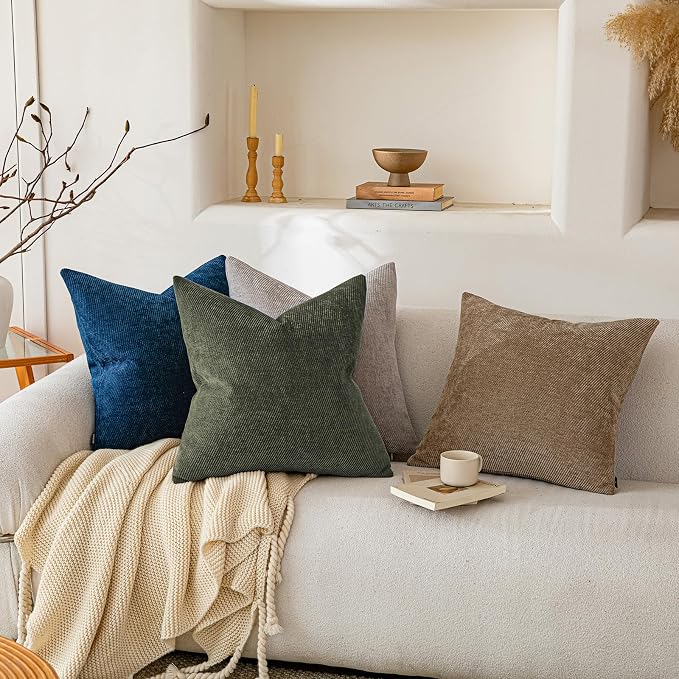a moment Pack of 2 Decorative Chenille Throw Pillow Covers with Twill Cushion Covers for Sofa Living Room Couch Bed 26x26 Inch, Olive Green