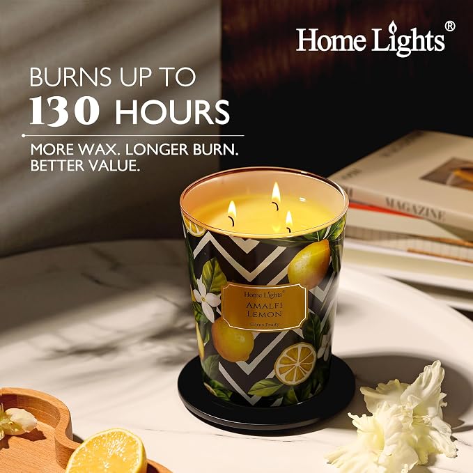 HomeLights Large jar Candle | 3-Wick Long-Lasting Scented Candles, 34oz Natural Soy Wax Candle for Home Scented, Eclectic Mixed Styles Gifts for Women & Men, Amalfi Lemon