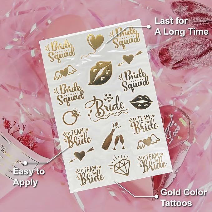 Bride's Babes Bachelorette Temporary Tattoos, Bride Tribe Cheers Gold Metallic Tattoos for Bachelorette Party Bridesmaid Favors Decorations(Bride Squad)