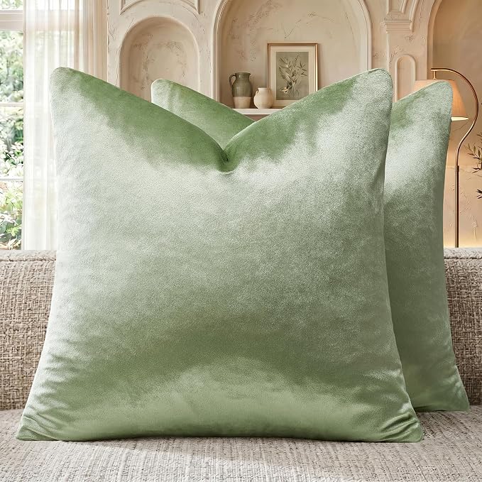 GIGIZAZA Sage Green Velvet Throw Pillow Covers 18x18 Pack of 2 | Decorative Pillows for Couch Sofa,280gsm Soft Textured Fabric,Modern Square Pillowcases,Luxury Cushion Covers