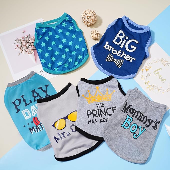 Sadnyy 6 Pack Dog Shirt Printed Pet Sleeveless Vests T Shirts, X-Small | Dog Boy Shirts with Letter, Cool Breathable Soft Outfit, Cat Sweatshirt for Small Dog Puppy Accessories