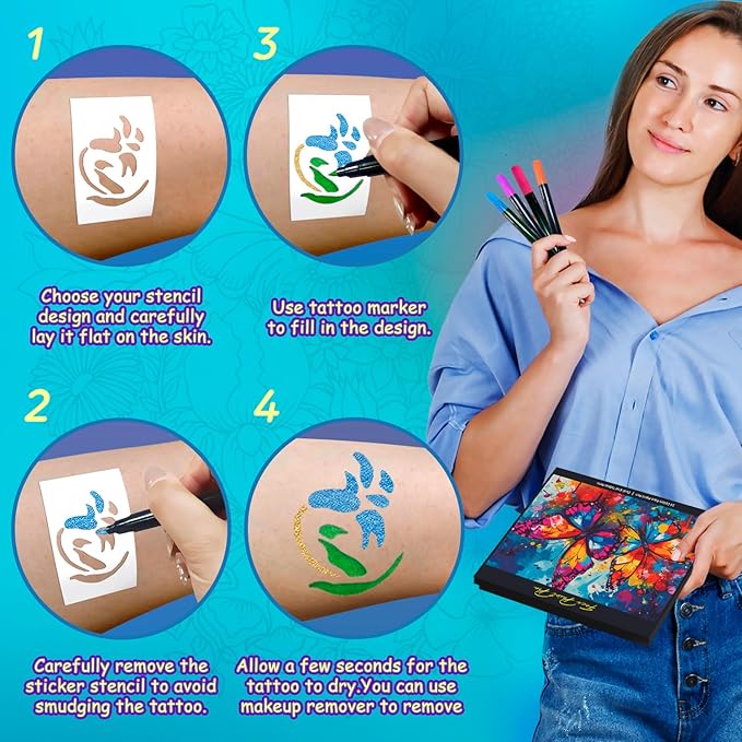 Temporary Tattoo Markers for Skin, 16 Colors Dual-Tip Tattoo Pens + 43 Tattoo Stencils + 50 Tattoo Stickers, Skin-Safe Glitter & Matte Body Markers, Washable Tattoo Kit for Kids Adults