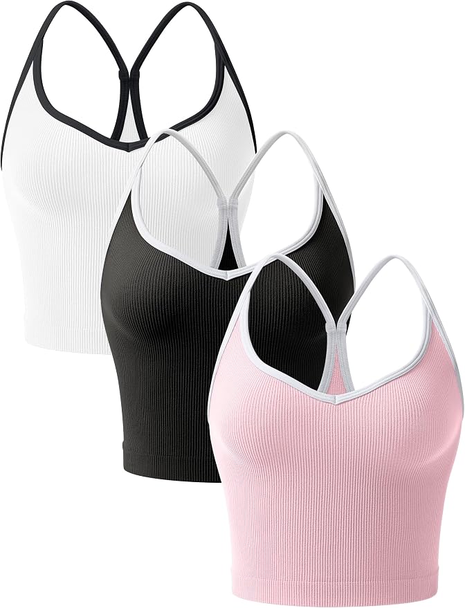 OLCHEE Womens 3PK Crop Tank Tops Seamless Ribbed Sweetheart Neck Racerback Spaghetti Straps Contrast Trim Workout Yoga Cami