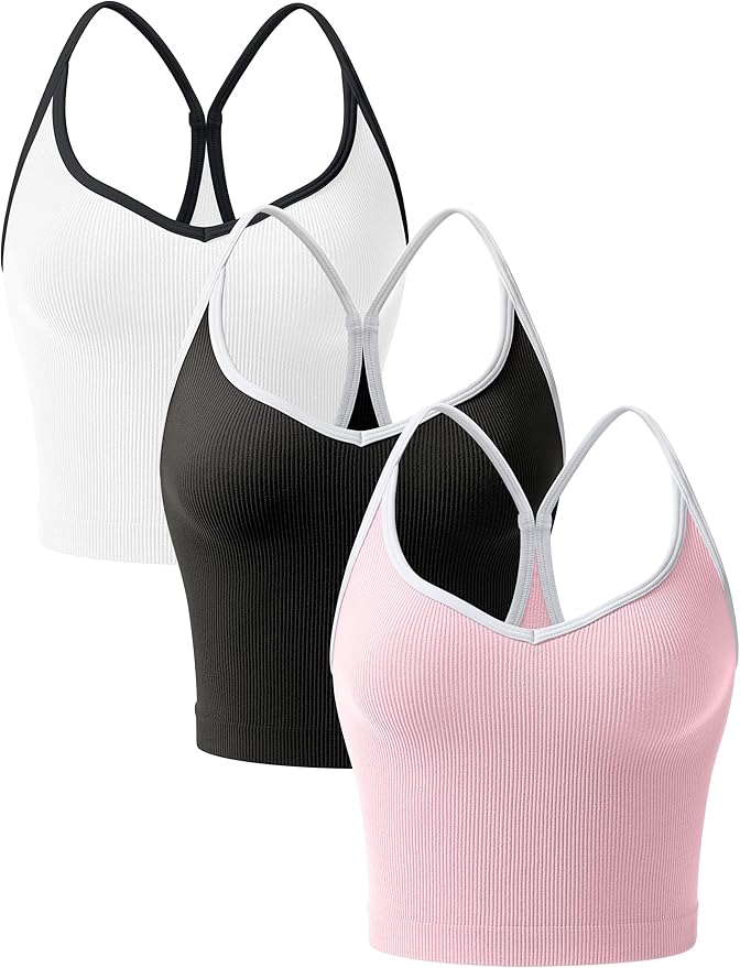 OLCHEE Womens 3PK Crop Tank Tops Seamless Ribbed Sweetheart Neck Racerback Spaghetti Straps Contrast Trim Workout Yoga Cami