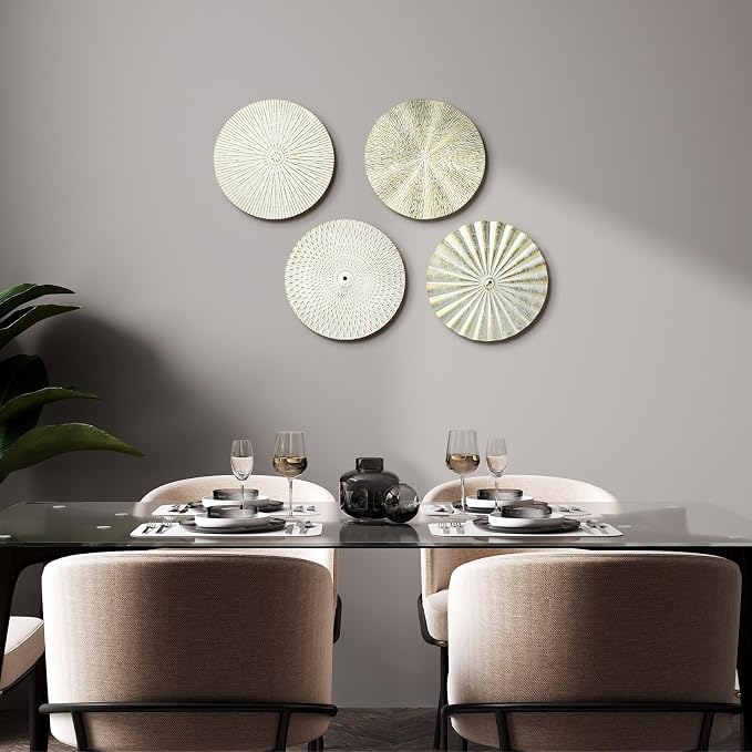 Hicarer 4 Pcs 12 Inch White Gold Metal Wall Art Decor Modern Sunburst Hanging Artwork Decor Wall Decorations for Home Bedroom Bathroom Living Room Office Sculpture