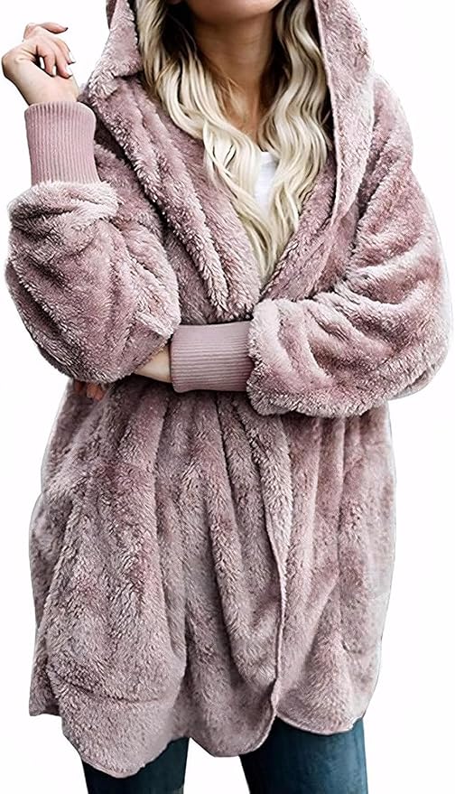 Zilcremo Women Hooded Cardigan Fuzzy Jacket Winter Open Front Fleece Coat Outwear with Pockets
