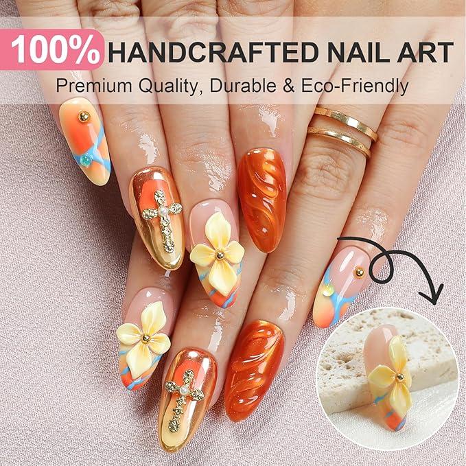 Handmade Press On Nails Almond, 3D Flowers Cross Design Short Fake Nails, Salon-Quality Reusable, Fall/Winter Gift & Holiday for Women, 10pcs