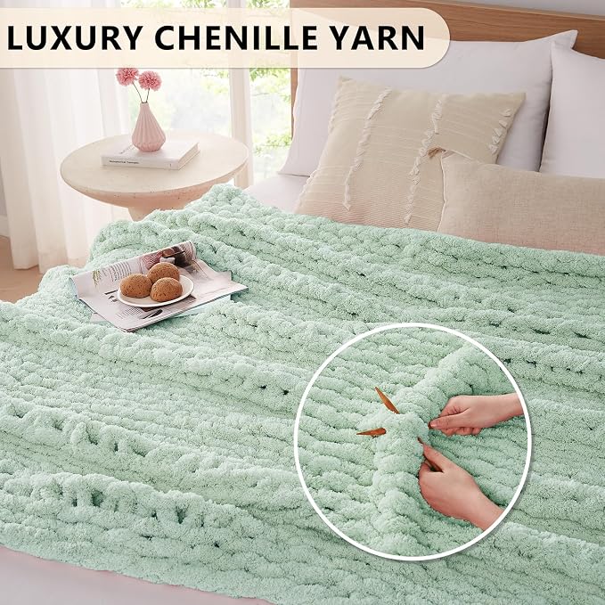 L'AGRATY Chunky Knit Throw Blanket for Couch, 60 x 80 Inches, Milky Green | Handmade Chenille Crochet Blanket for Sofa Bed, Thick Cable Knitted Blankets for Room Home Decor, Birthday Gift for Women Mom