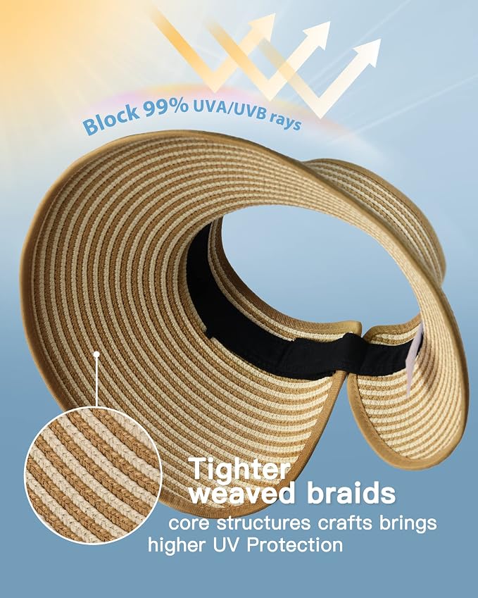 FURTALK Womens Sun Hat with Ponytail Hole Wide Brim Beach Straw Visor | Foldable & Packable for Beach Vacations, Adjustable Fit for Messy Buns, Detachable Windproof Strap, Sweat-Wicking Inner Band