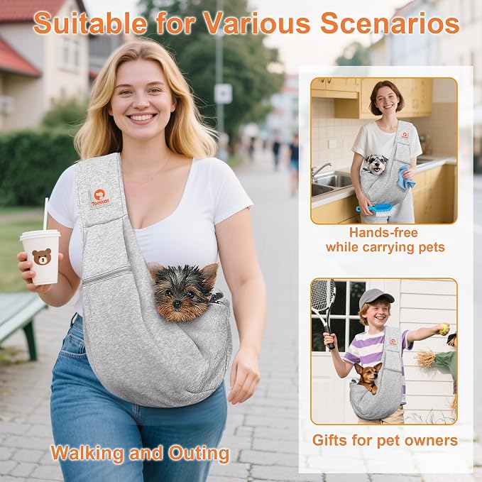 Tomkas Dog Cat Carrier Sling Zip Pocket & Adjustable Strap(M,Gray)