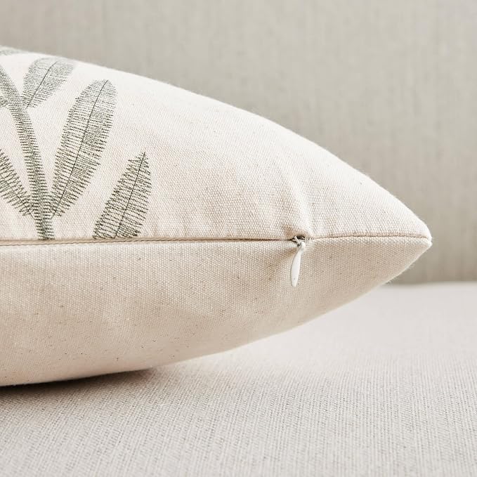 Farmhouse Leaves Throw Pillow Covers Set of 2, 20x20in Green | 100% Organic Cotton, Rustic Accent Print Pillow Case, Pastoral Decorative Cushion Covers for Sofa Bed Living Room Home Decor