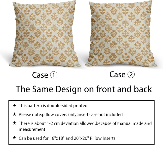Mustard Yellow Floral Pillow Covers 24x24 Inch Set of 2, Vintage Flower Block Print Pattern Decorative Throw Pillowcases Outdoor Farmhouse Cushion Covers Spring Summer Rustic Sofa Couch Bed Decor