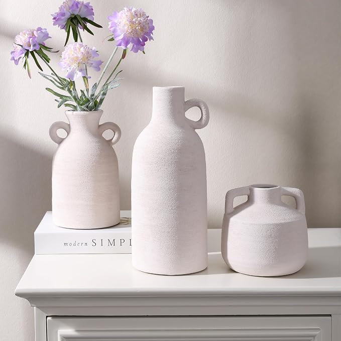 Ceramic Vase Set, 3Pcs Flower Vases for Modern Boho Farmhouse Decor, Decorative Vases for Pampas Grass & Dried Flowers, Distressed Finish