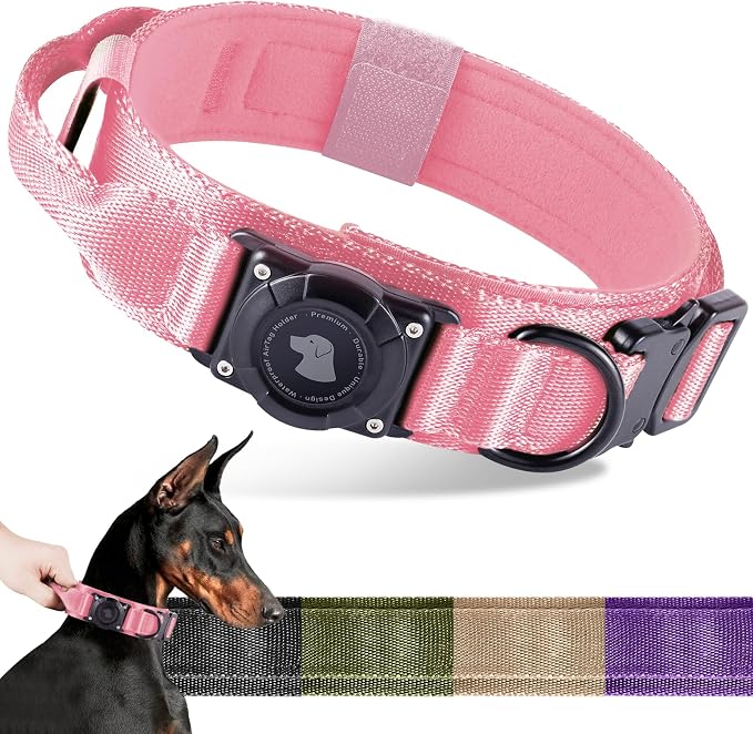 2026 Upgrade Waterproof Tactical AirTag Dog Collar, Built in AirTag Holder | Comfortable Control Handle, Quick Release Metal Buckle, Durable 1000D Nylon, For Medium to Large Dogs, Pink,L
