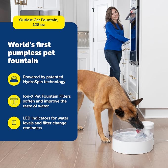 PetSafe Outlast Pumpless Dog Water Fountain, 128 oz, Dogs & Multiple Cats | Pumpless HydroSpin Design Cycles 128 Oz Water, Ion-x Carbon Filter Softens Water, Smart Sensors Slow Flow at Night